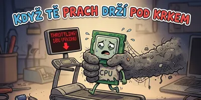 Vtipná ilustrace thermal throttlingu: Prachová ruka škrtí procesor běžící na běžícím páse.
