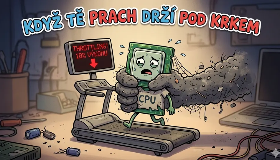 Vtipná ilustrace thermal throttlingu: Prachová ruka škrtí procesor běžící na běžícím páse.