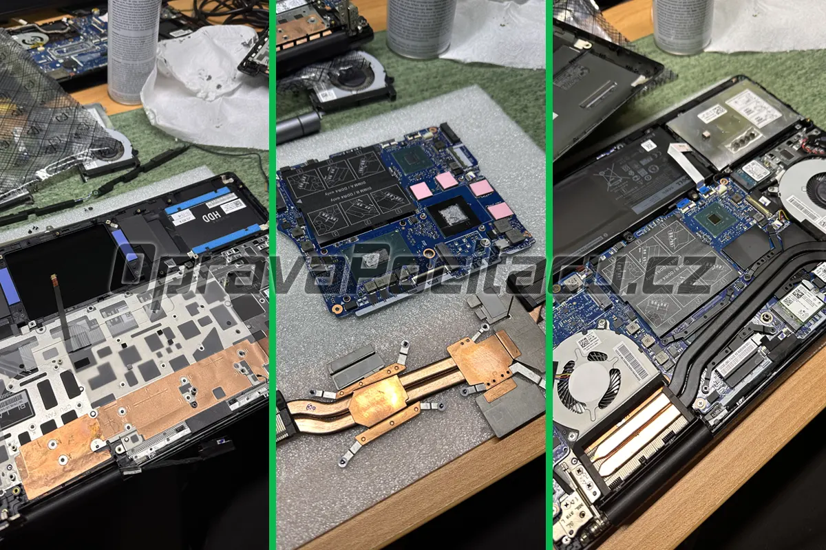 Výměna klávesnice a palmrestu u Dell Vostro 7590, profylaxe chlazení a oprava uvolněných pantů