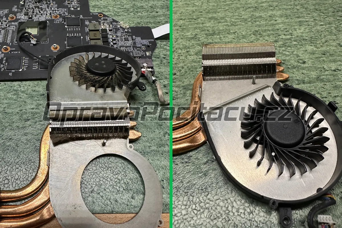 Detail vyčištěného chlazení notebooku MSI GL62M 7RDX a nanesení nové teplovodivé pasty na CPU a grafický čip