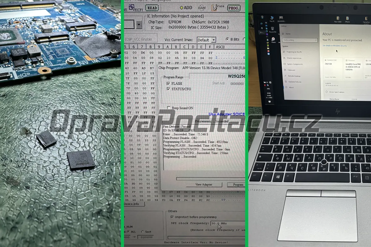Oprava základní desky HP EliteBook 840 G6: Programování BIOS čipu na programátoru, oprava systémových chyb a doplnění Feature Byte