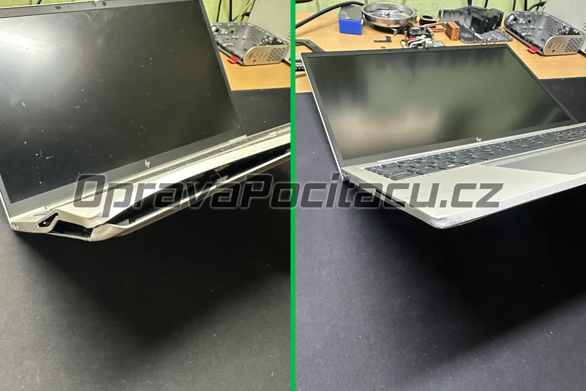 HP EliteBook 855 G7: Rovnání zdeformovaného kovového šasi a palmrestu po pádu