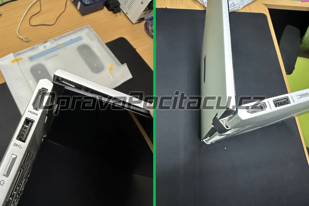 Oprava vylomených pantů u notebooku HP ENVY x360 15-bp001nc – výměna poškozeného LCD coveru, vyčištění od prachu a nové přepastování