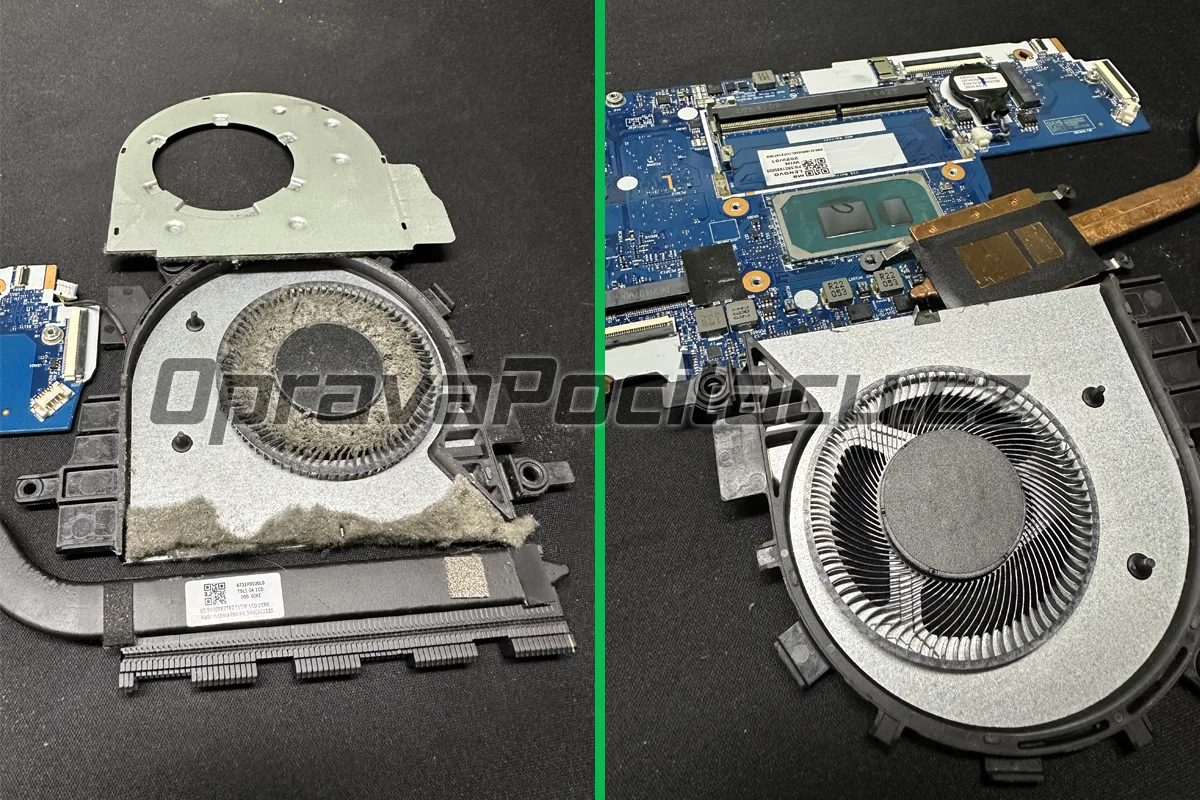 Extrémně ucpané chlazení notebooku Lenovo V15 G2 ITL – komplet zablokovaný ventilátor a 2cm vrstva prachu před hloubkovým vyčištěním