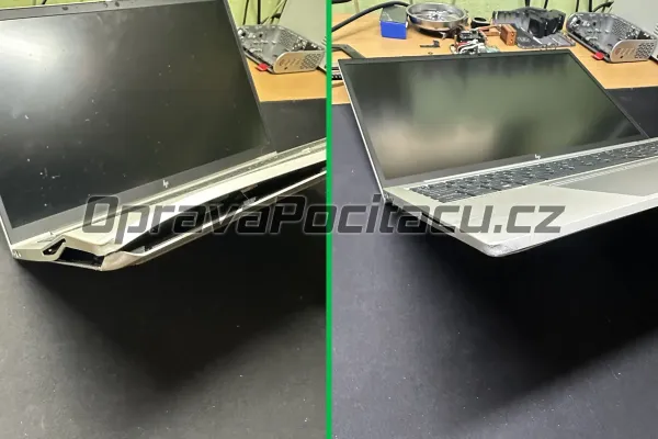HP EliteBook 855 G7: Rovnání zdeformovaného kovového šasi a palmrestu po pádu