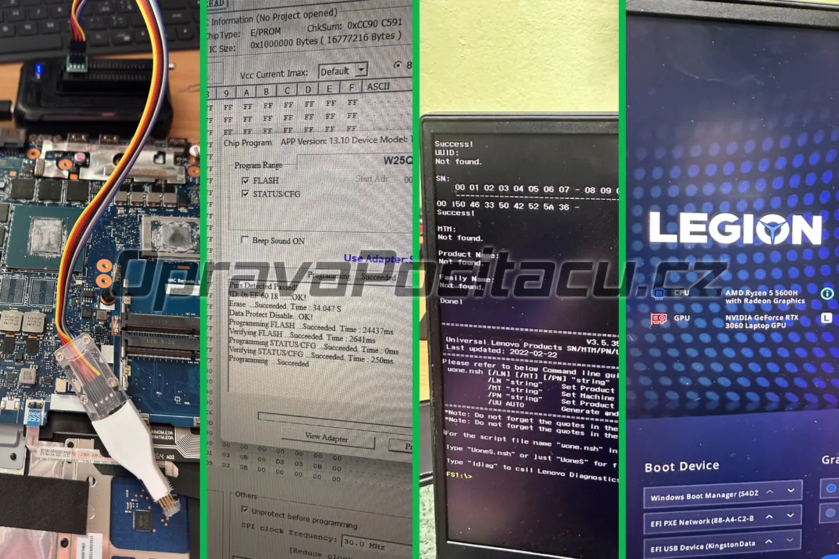 Oprava špatně flashnutého BIOSu u Lenovo Legion 5 15ACH6H – externí programování a obnova sériového čísla i licence Windows