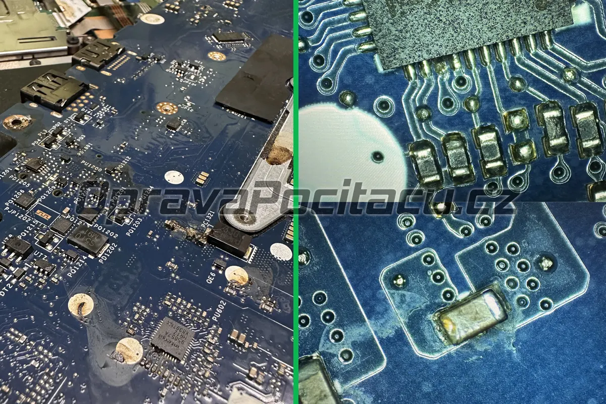 Detailní pohled na oxidaci a vyžrané cesty základní desky Dell Latitude 5590 po polití kávou