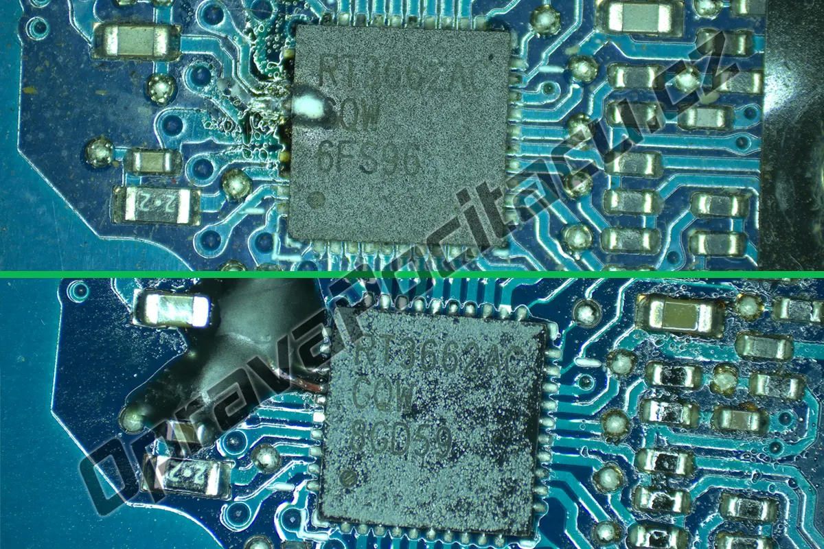Oprava základní desky HP 14-cm1009nc: Výměna vypáleného čipu RT3662AC a rekonstrukce poškozených cest plošného spoje pod mikroskopem