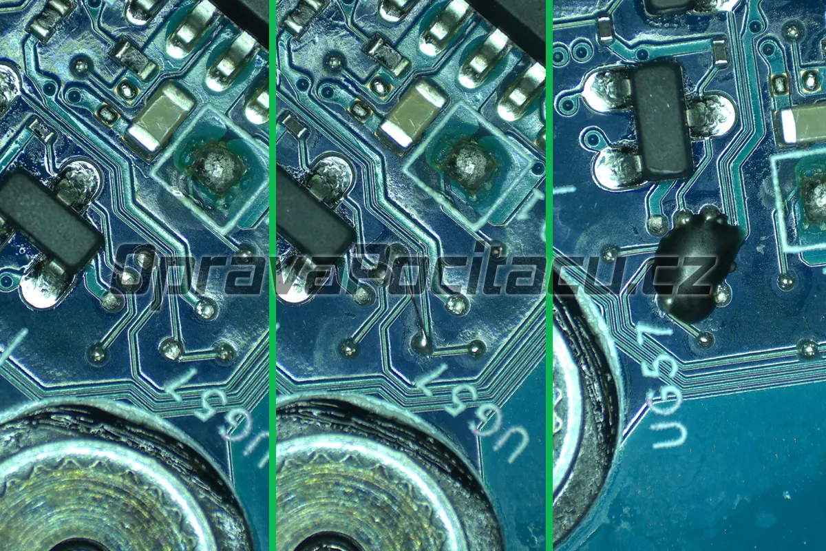Detailní rekonstrukce vypálené trasy na základní desce Dell G15. Trasování vnitřních vrstev PCB, modelování nových cest a precizní přemostění pod mikroskopem.
