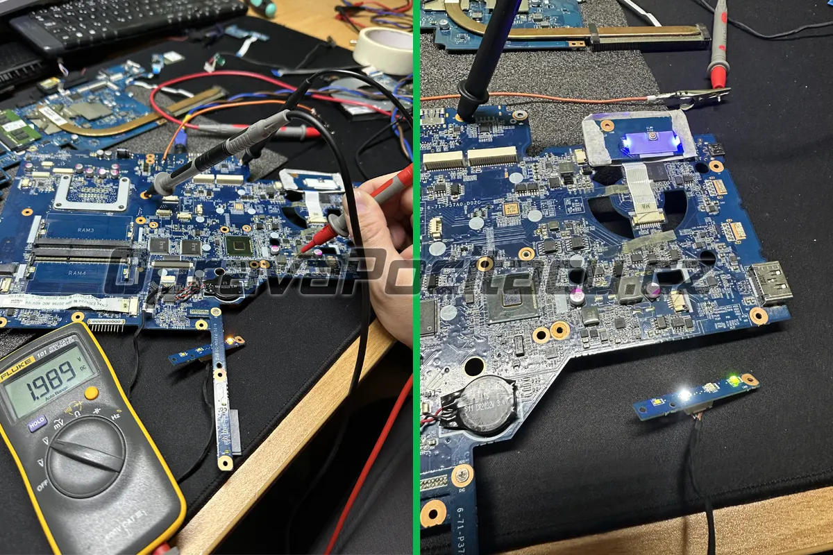 Odborná oprava základní desky notebooku Sager P377SM – vyřešení zkratu a okamžitého vypínání pomocí lokalizace studeného spoje a reflow procedury