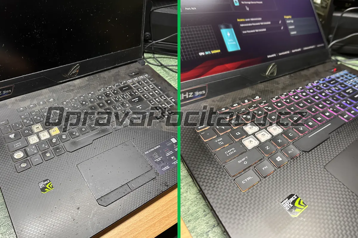 Srovnání poškozené a nové klávesnice u herního notebooku ASUS ROG Strix GL704G – detailní pohled na výměnu